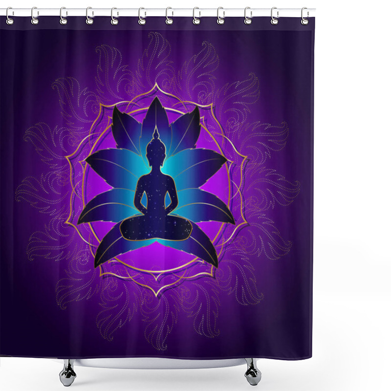 Personality  Buddha Silhouette In Lotus Position Over Gold Ornate Mandala Lotus Flower. Vector Illustration Isolated On Purple Background. Buddhism Esoteric Motifs, Chakra Concept, Spiritual Yoga Shower Curtains