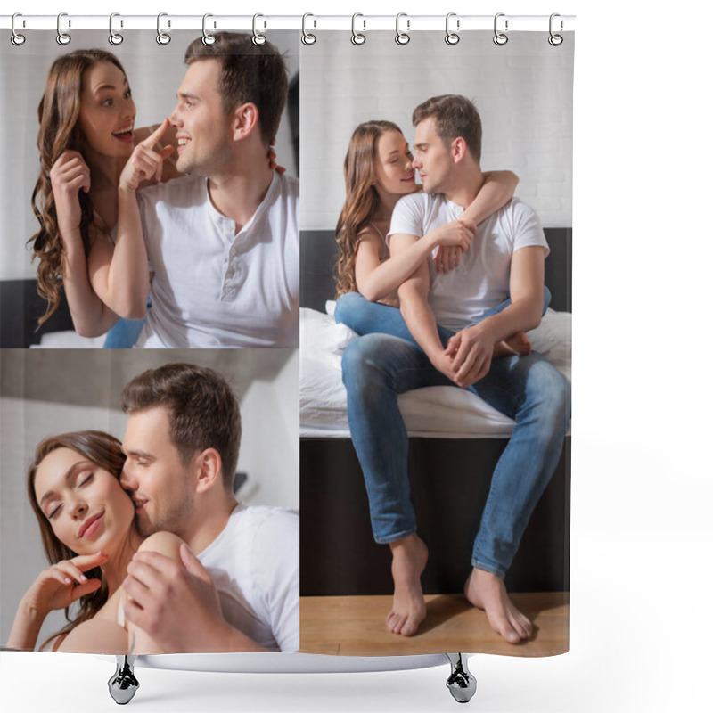 Personality  Collage Of Cheerful Woman Hugging Man, Looking At Each Other And Smiling In Bedroom  Shower Curtains