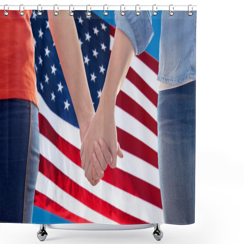 Personality  Close Up Of Lesbian Couple Holding Hands Shower Curtains