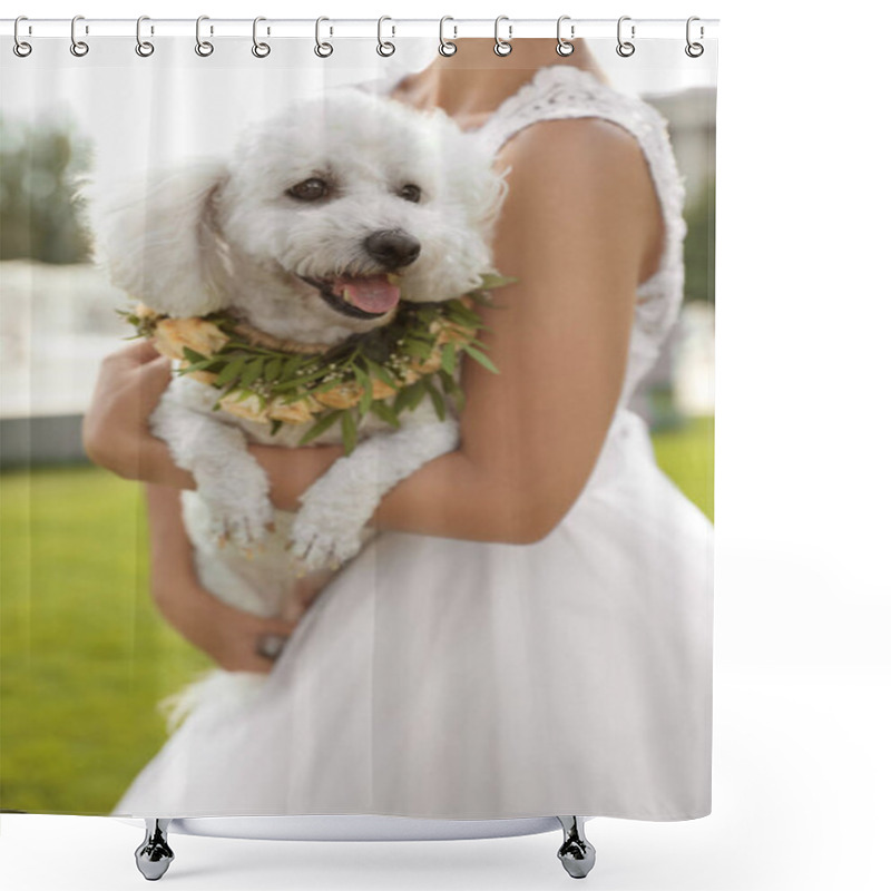 Personality  Bride And Adorable Bichon Wearing Wreath Made Of Beautiful Flowers Outdoors, Closeup Shower Curtains