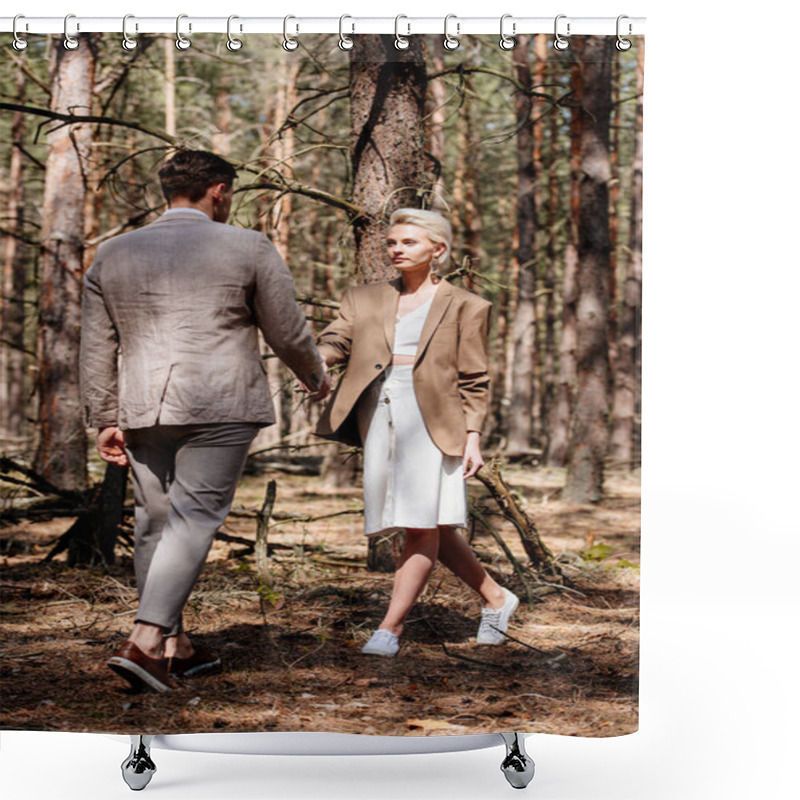 Personality  Back View Of Man And Woman Holding Hands In Front Of Each Other In Forest Shower Curtains