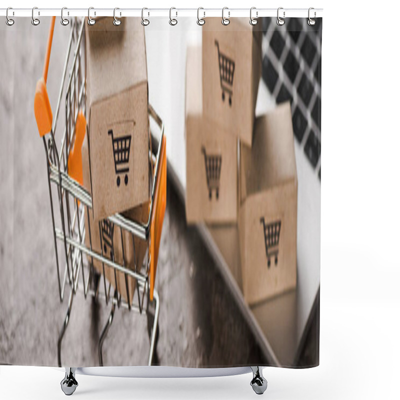 Personality  Panoramic Shot Of Toy Shopping Cart With Small Carton Boxes Near Laptop, E-commerce Concept Shower Curtains