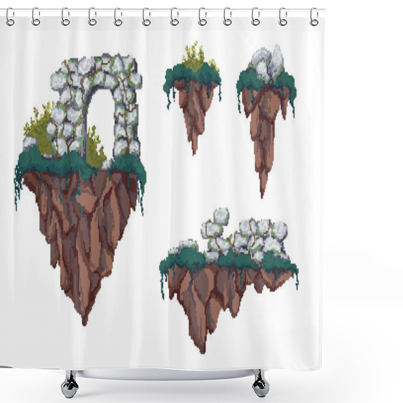 Personality  Pixel Flying Islands. Set Of Different Flying Island With Ruins, Stones And Shrubs. Shower Curtains