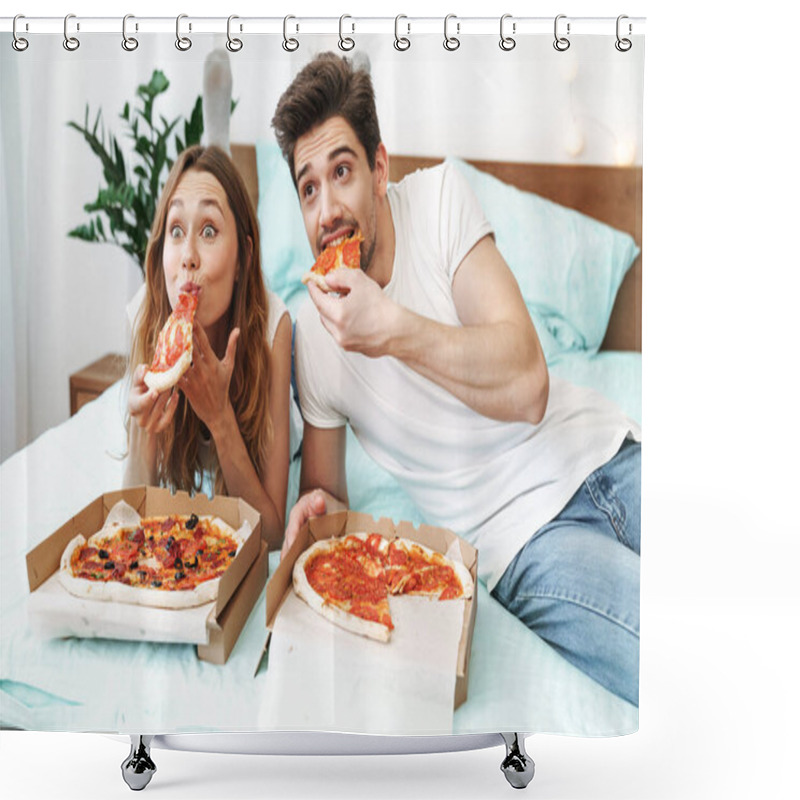 Personality  Image Of Joyful Happy Couple Man And Woman Lying On Bed At Home And Eating Pizza Shower Curtains