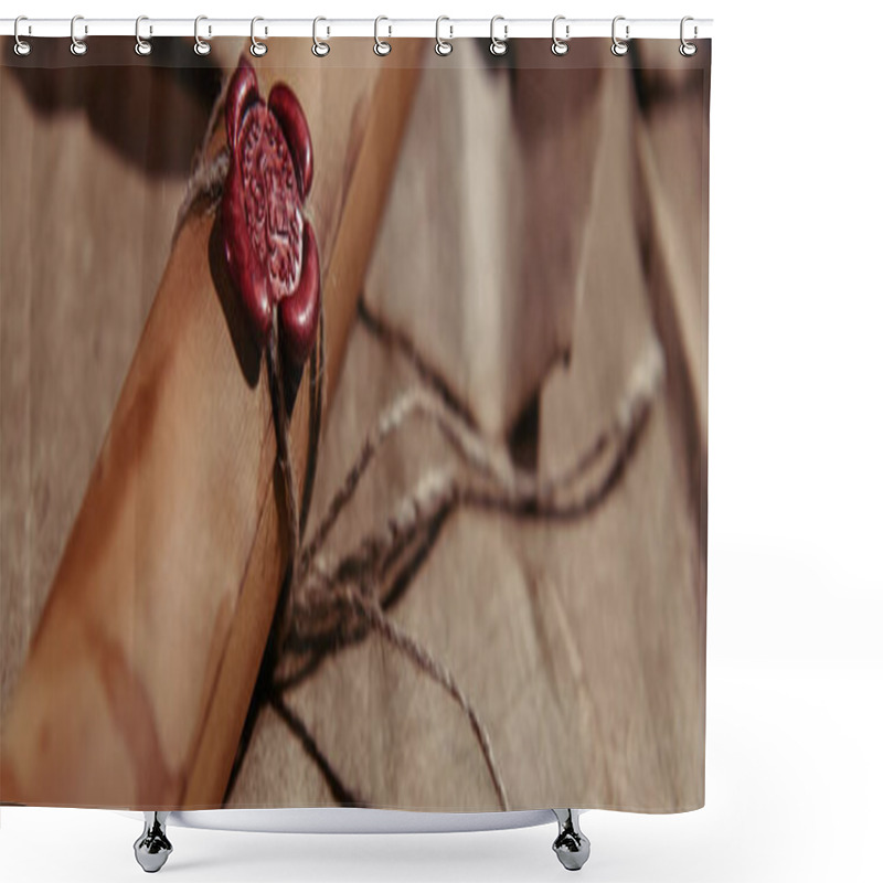 Personality  Close Up View Of Manuscript Stamped With Wax Seal On Craft Paper Surface, Banner Shower Curtains