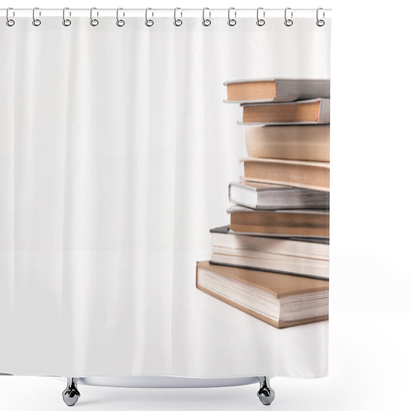 Personality  Stack Of Different Books Isolated On White  Shower Curtains