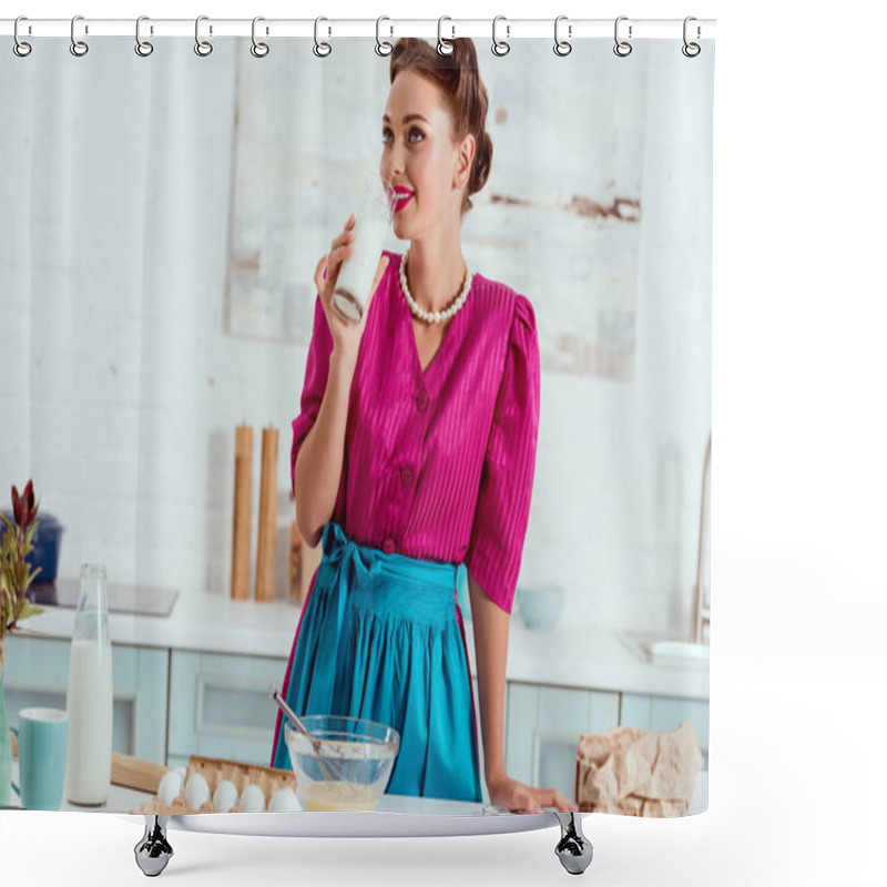 Personality  Elegant Pin Up Girl Drinking Milk Standing Near Kitchen Table With Different Products Shower Curtains