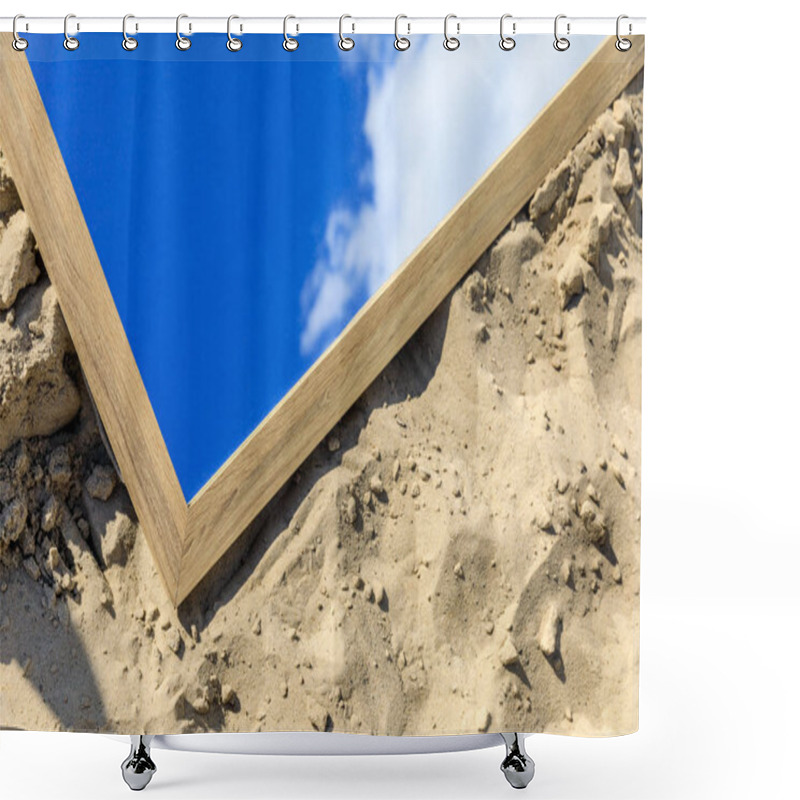 Personality  Top View Of Mirror With Reflection Of Blue Sky With Cloud, Lying On Sand Shower Curtains