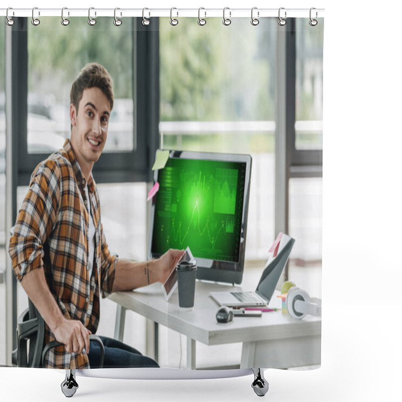 Personality  Cheerful Programmer Smiling At Camera While Sitting Near Computer Monitor With Graphs And Charts On Screen Shower Curtains