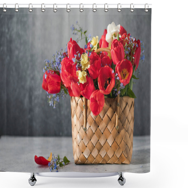 Personality  Summer Or Spring Bouquet Of Daffodils And Red Tulips In A Wicker Basket Located On A White Background. Blossom Of Spring Flowers. Shower Curtains