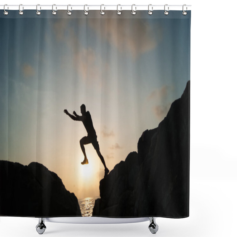 Personality  The Jumping Man On Rocks Shower Curtains