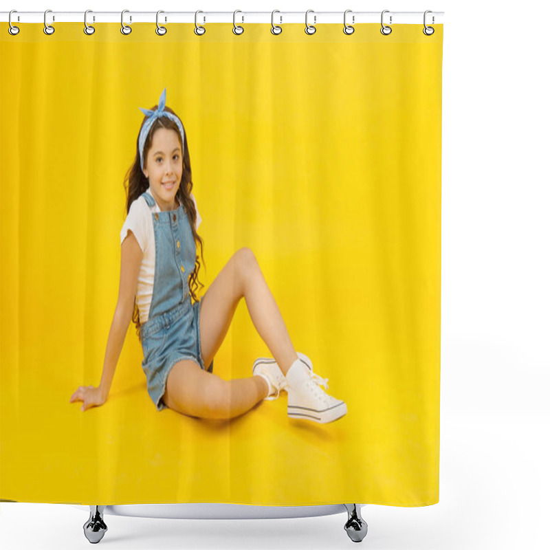 Personality  Cute Small Kid Fashion Girl. Fashion Accessories. Summer Outfit Concept. Girl Long Curly Hair Sit Relaxing. Fashion Trend. Little Fashionista. Carefree Happy Childhood. Modern Clothing For Teen Shower Curtains