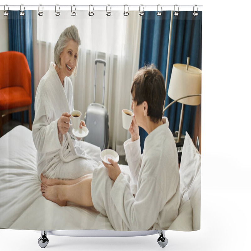 Personality  Senior Lesbian Couple Sitting Close Together On Top Of A Cozy Bed, Sharing A Moment Of Tenderness. Shower Curtains