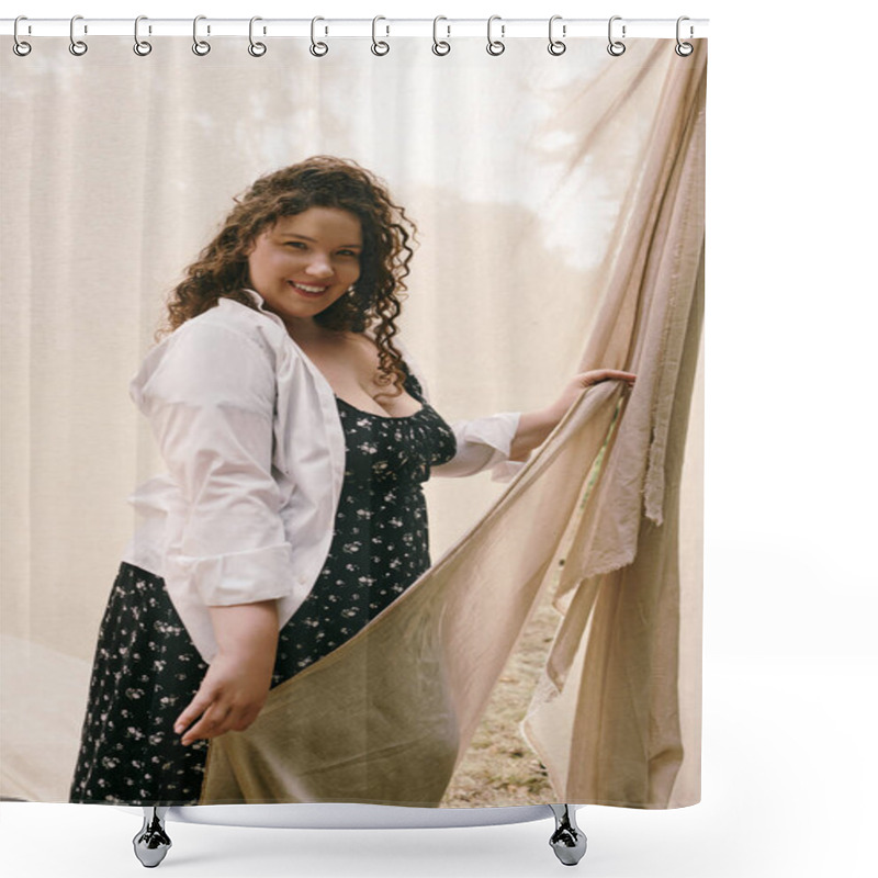 Personality  A Beautiful Plus Size Woman Smiles Warmly While Holding A Flowing Fabric In A Sunlit Field. Shower Curtains