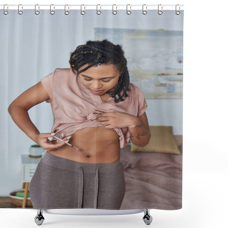 Personality  African American Woman Making Hormonal Injections In Belly, Tattoo, Pregnancy Concept, Fertility Shower Curtains