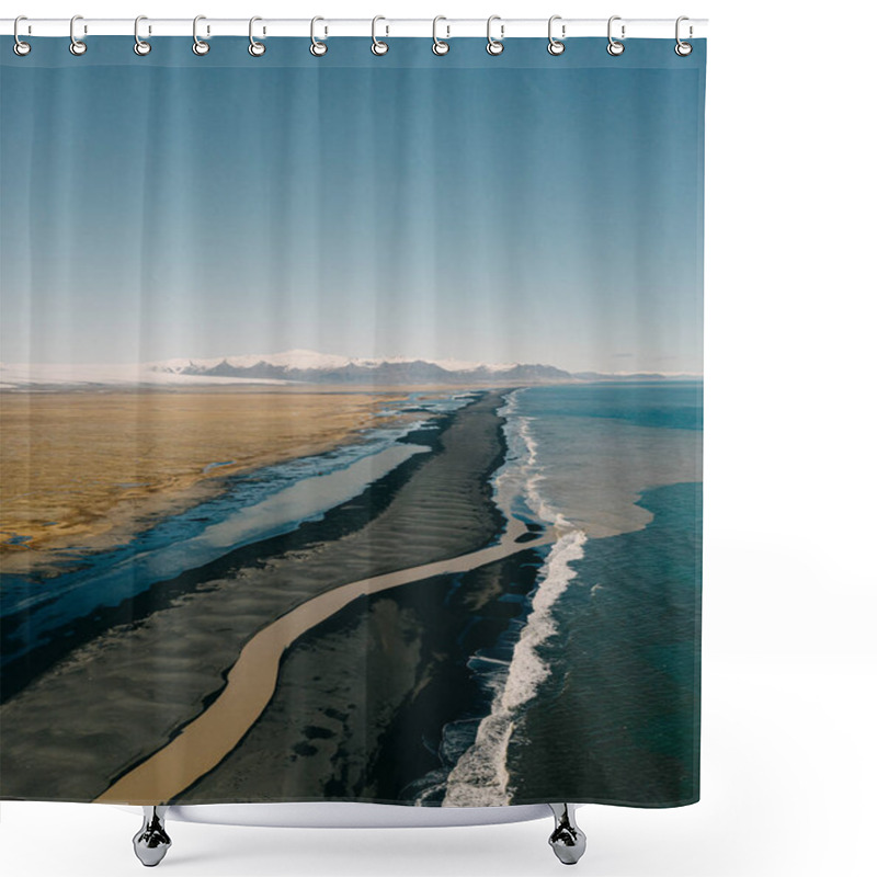 Personality  Aerial View Of South Iceland's Coastline With Black Sand Beaches, Rivers, And Distant Mountains Shower Curtains