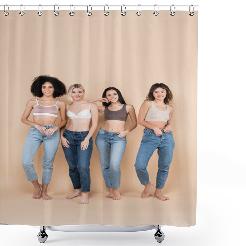 Personality  Full Length View Of Young Multiethnic Women In Bras And Jeans Posing On Beige Shower Curtains