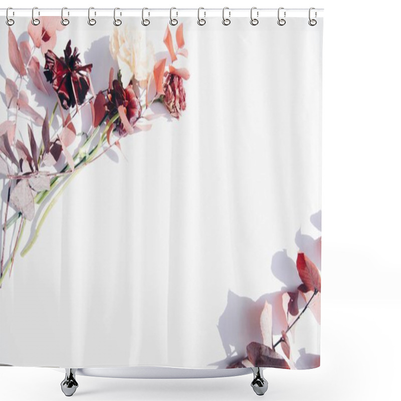 Personality  Delicate Arrangement Of Autumn Leaves And Flowers On A White Background. Shower Curtains