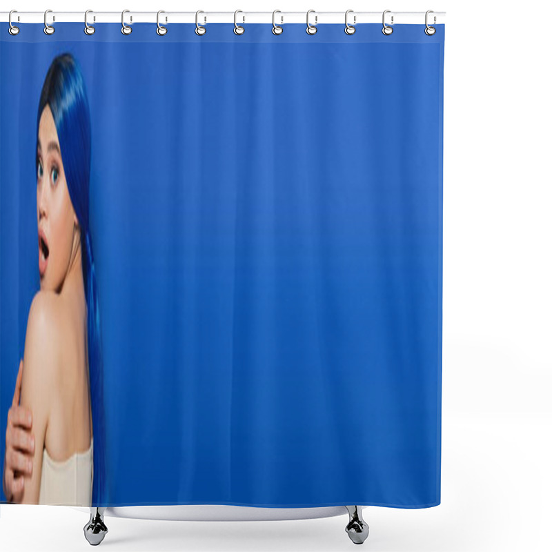 Personality  Glowing Skin Concept, Portrait Of Shocked Young Woman With Vibrant Hair Color Posing With Bare Shoulders On Bright Blue Background, Youth, Female Model, Beauty Trends, Unique Identity, Banner Shower Curtains