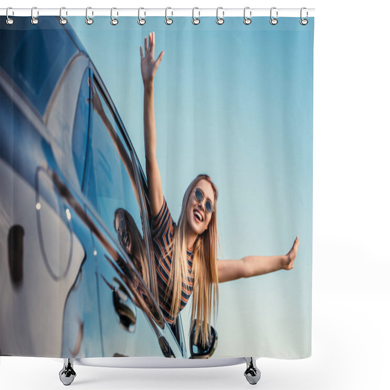 Personality  Low Angle View Of Stylish Woman In Sunglasses Leaning Out From Car Window Against Blue Sky Shower Curtains