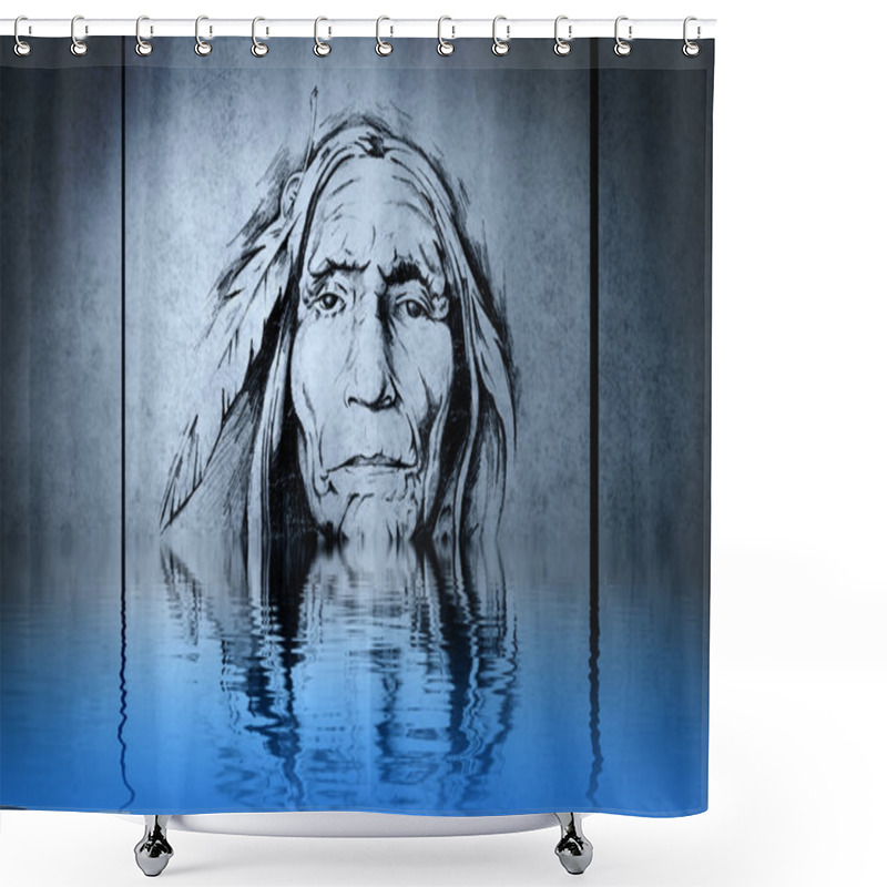 Personality  Indian Chief's Head On Blue Wall Reflections In The Water Shower Curtains