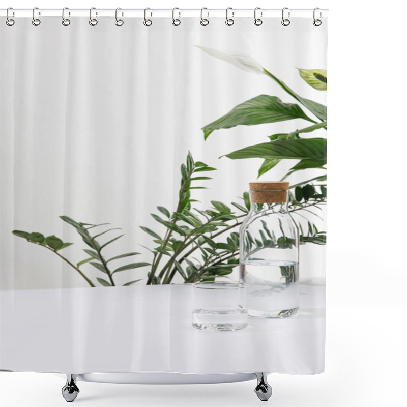 Personality  Glass And Bottle Of Fresh Water Near Green Plants On White Background Shower Curtains