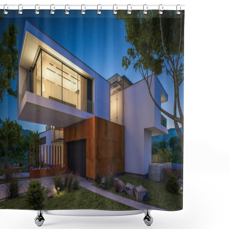 Personality  3d Rendering Of Modern House By The River At Night Shower Curtains