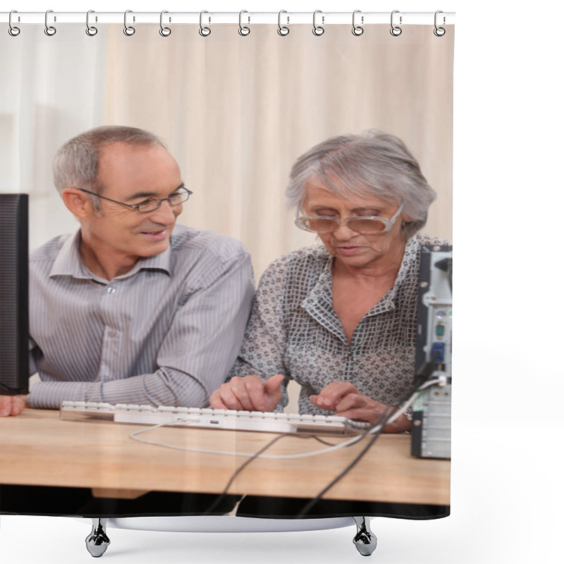 Personality  Elderly Couple Learning Computer Skills Shower Curtains