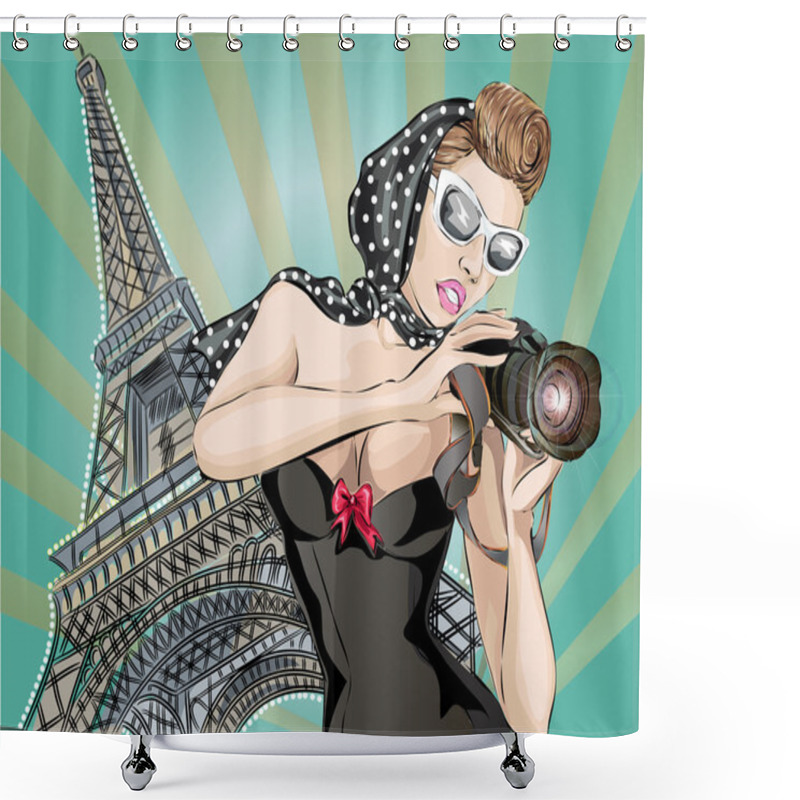 Personality  Pin-up Sexy Woman In Black Dress Takes Pictures On Camera Near Eiffel Tower In Paris. Pop Art Vector Shower Curtains