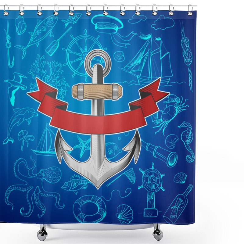 Personality  Anchor With Hand-drawn Elements Of Marine Theme Shower Curtains