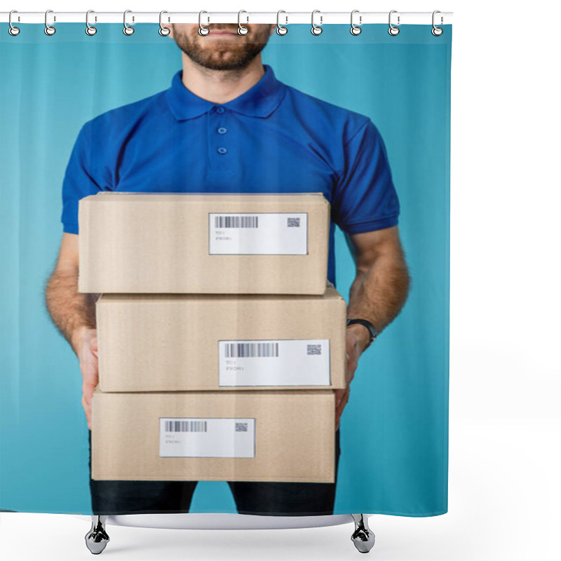 Personality  Cropped View Of Courier Holding Cardboard Boxes With Qr Codes And Barcodes On Cards Isolated On Blue Shower Curtains