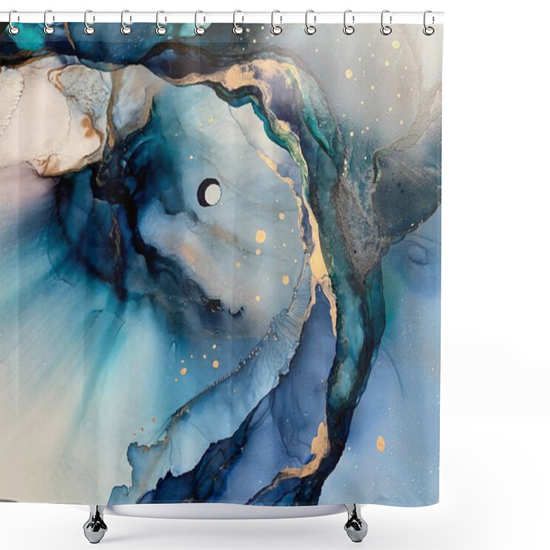 Personality  Abstract Blue Background With Beautiful Smudges And Stains Made With Alcohol Ink And Gold Pigment. Blue Colored Fragment With Texture Resembles Watercolor Or Aquarelle Painting. Shower Curtains