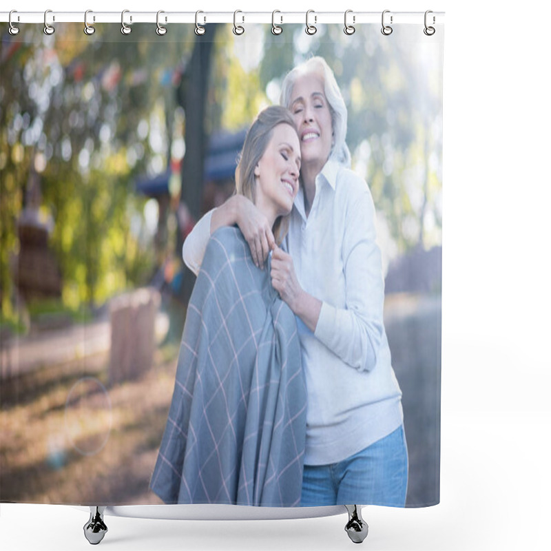 Personality  Woman Hugging Mature Daughter In Park Shower Curtains