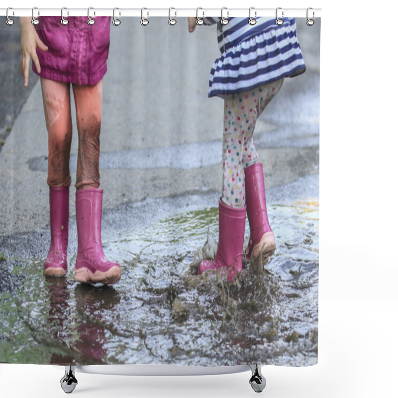 Personality  Playful Child Outdoor Jump Into Puddle In Boot After Rain Shower Curtains