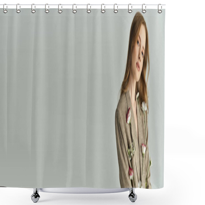 Personality  A Young Woman Stands Gracefully Surrounded By Delicate Blossoms. Shower Curtains