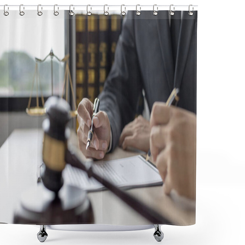 Personality  Lawyer Or Judge Has Recommend A Client Sign A Legal Agreement In The Courtroom, Legal Agreement Documents And Business Litigation Forms, Scales Of Justice, Law Hammer, Litigation And Legal Services. Shower Curtains