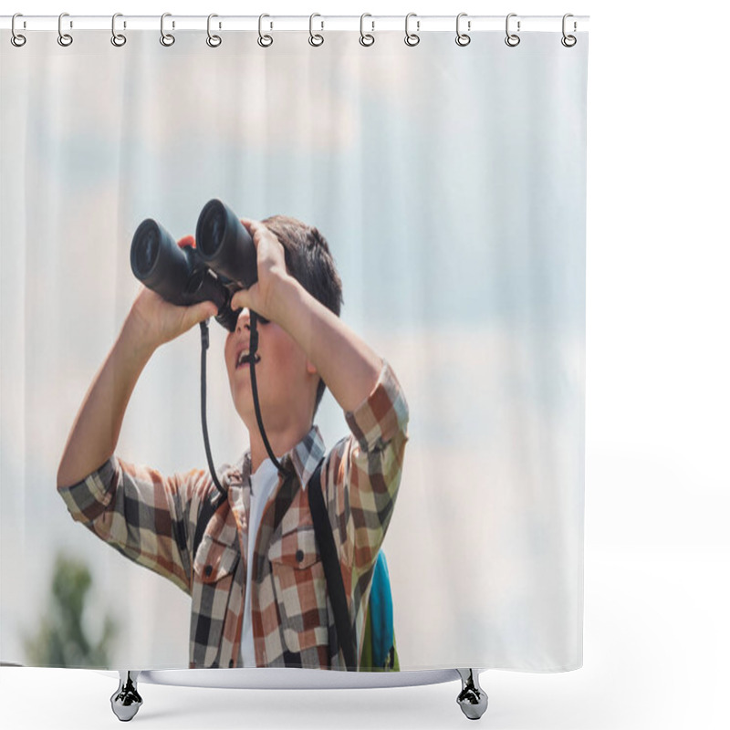 Personality  Happy Kid Looking Through Binoculars Against Blue Sky  Shower Curtains