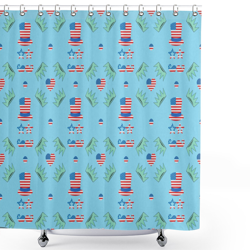 Personality  Seamless Background Pattern With Mustache, Hats And Glasses Made Of Us Flags And Crowns On Blue, Independence Day Concept Shower Curtains