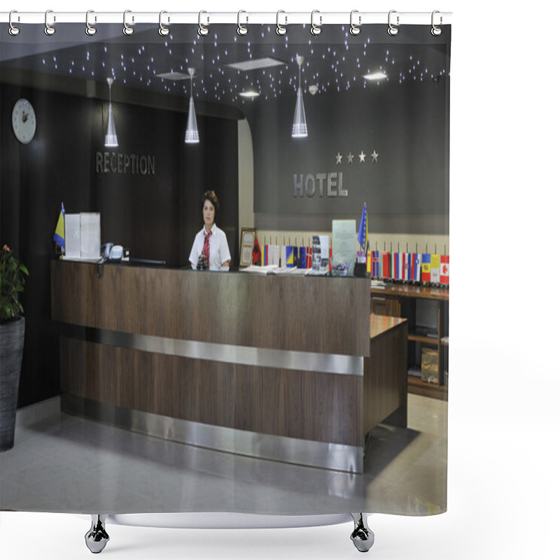 Personality  Smiling Businesswoman At The Reception Desk Shower Curtains