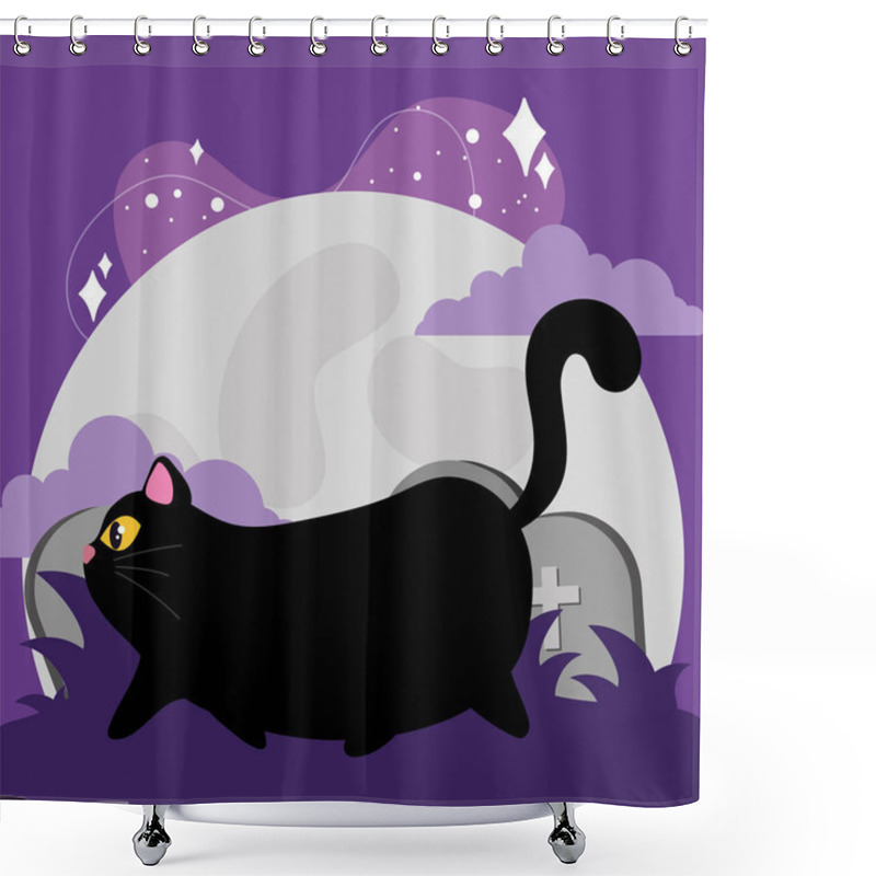 Personality  Halloween Black Cat Walking Near Gravestones With Full Moon And Spooky Atmosphere, Vector Illustration Shower Curtains