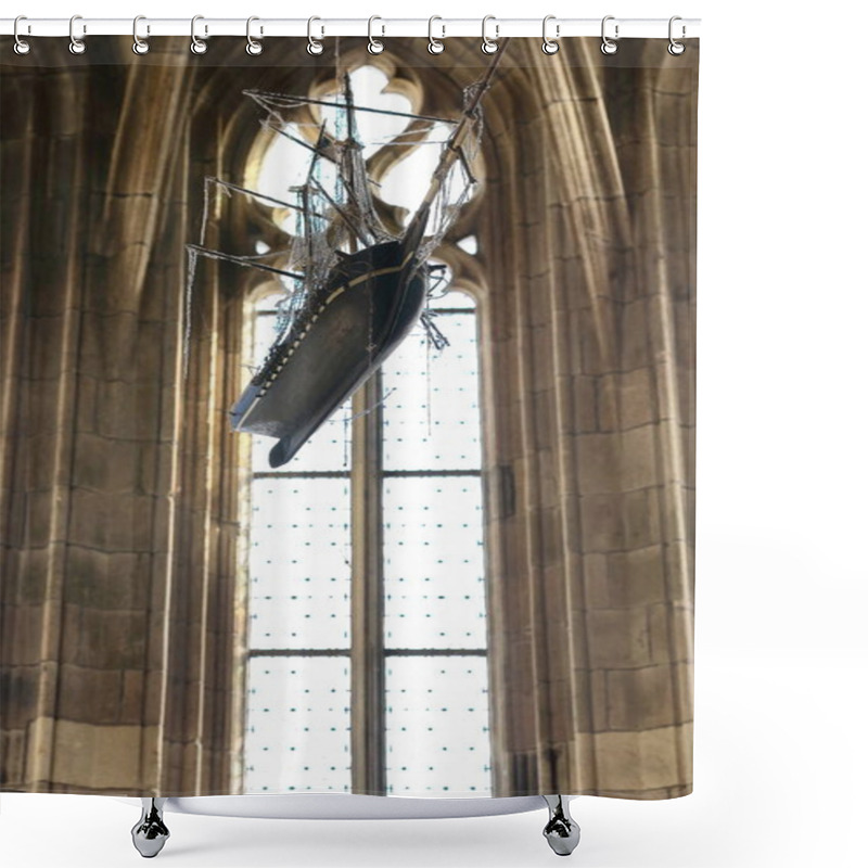 Personality  Mont-Saint-Michel, France-October 19, 2020: Ex-voto Of A Wood Model Ship, Black Brig Named L'Avranchain Hanging Next To A Tracery Window In The Ambulatory Of The Mont-Saint-Michel Abbey-Church Choir. Shower Curtains