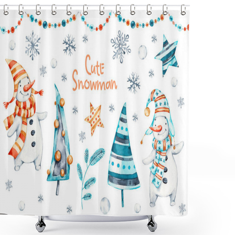 Personality  Watercolor Merry Christmas Hand Painted Set Of Nursery Character Snowmans Illustration. Handpainted Winter Holidays Shower Curtains