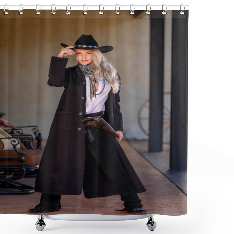 Personality  A Confident, Beautiful Blonde Woman In Classic Cowboy Attire Stands Tall, Posing With A Gleaming Pistol On Her Hip And A Rifle Resting Across Her Shoulder. Her Smile Radiates Energy And Fearless Charm. Shower Curtains