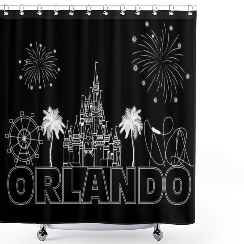 Personality  Orlando White Lettering On Black Backround . Vector With Travel Icons And Fireworks. Travel Postcard. Shower Curtains