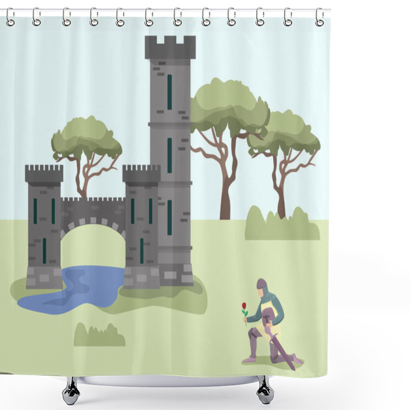 Personality  Knight Stands On One Knee In Front Of Medieval Princess Castle Palace. Knight Enamored Warrior In Armor, With Sword And Rose Flower In His Hand Asking For Woman Hand. Shower Curtains