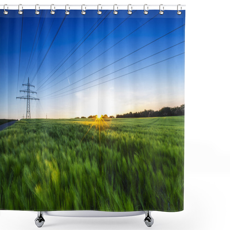 Personality  Cornfield Sunset Power Line Pylon Dusk Farm Landscape Summer Wheat Field Shower Curtains