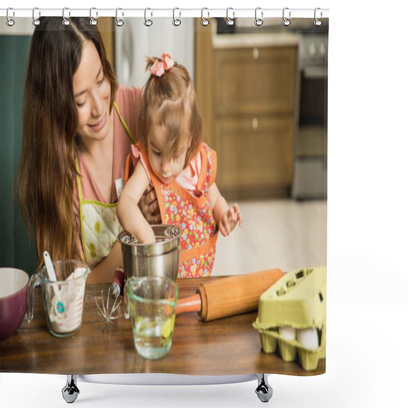 Personality  Girl Helping Mother Prepare Cake Shower Curtains