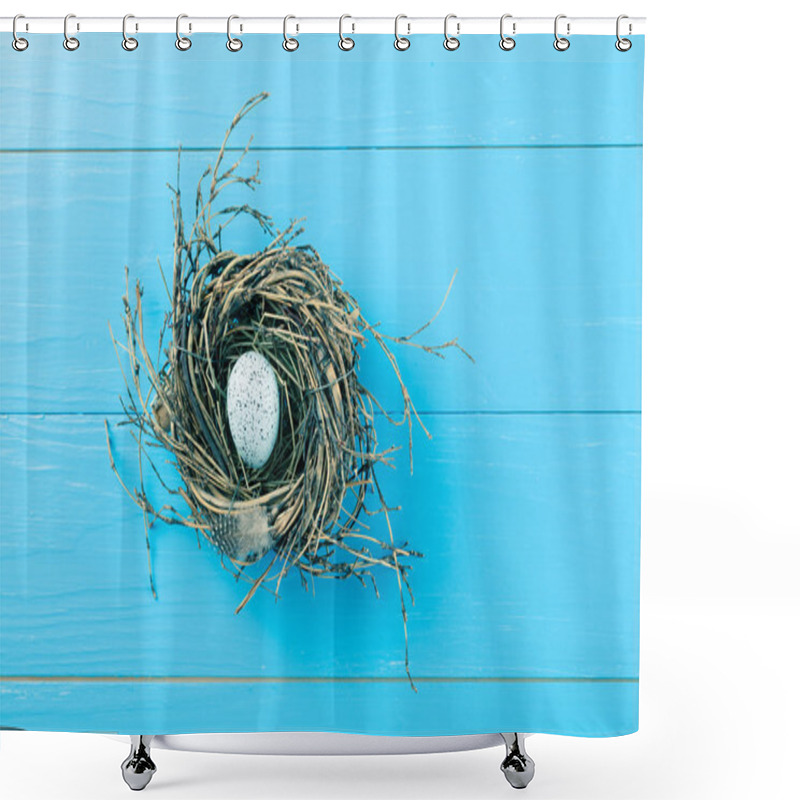 Personality  Egg In Nest On Blue Wooden Background Shower Curtains