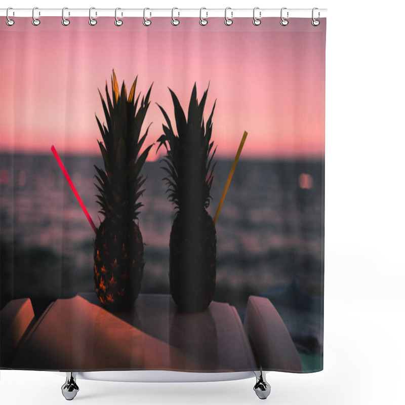 Personality  A Pair Of Cocktail In A Fresh Pineapple Fruit With A Swizzle Stick Against The Sea During Sunset. Tropical Summer Vacation Concept. Pink Sky During Sunset On The Beach Of A Tropical Island Shower Curtains