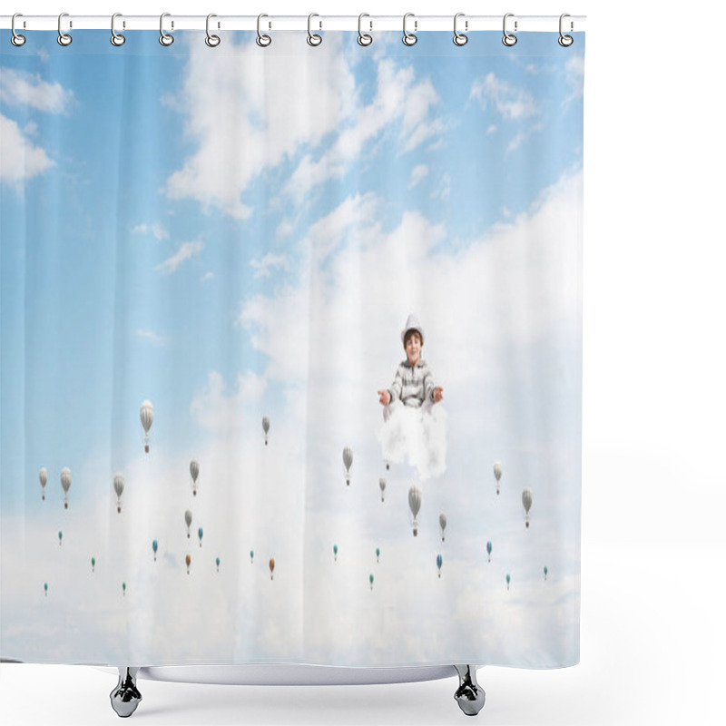 Personality  Young Little Boy Keeping Eyes Closed And Looking Concentrated While Meditating Among Flying Balloons In The Air With Cloudy Skyscape On Background. Shower Curtains